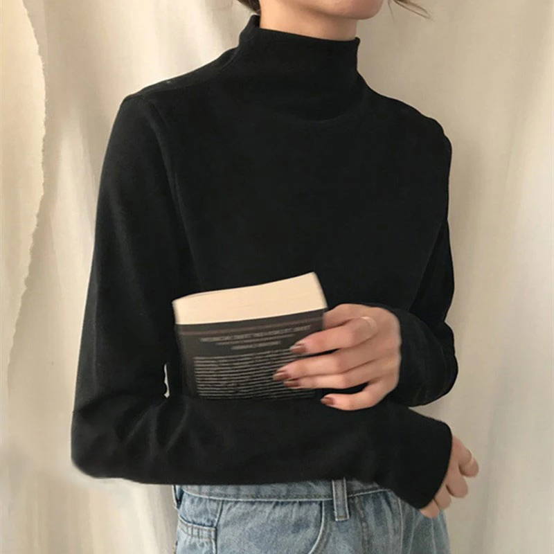 Женская утепленная футболка универсальный модный топ с полувысоким воротником