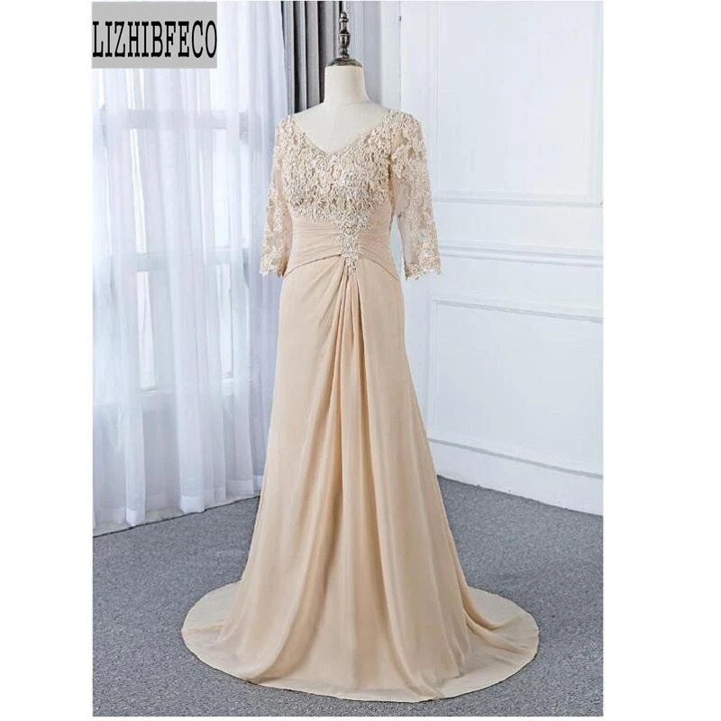 Champagne Chiffon Lace Beading V-Neck Half Sleeves Floor-Length A-line Mother of the bride dress Court Train