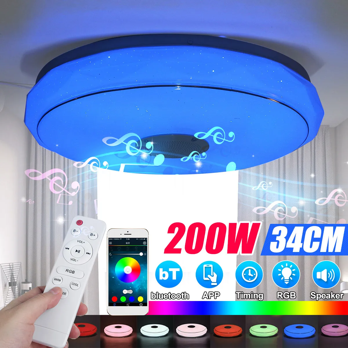

200W 34 см RGB светодиодный потолочный светильник с регулируемой яркостью для домашнего освещения пульт дистанционного управления приложение ...
