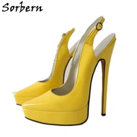 sorbern yellow shiny women slingback pump shoes pointed toe size us12 platform summer shoes 20cm high heels custom colors