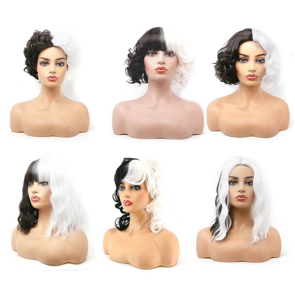 

New Curly Bob Wigs With Bangs Shoulder-Length White Mixed Black Wave Wigs For Women Synthetic Heat Resistant Wigs Styling Tool
