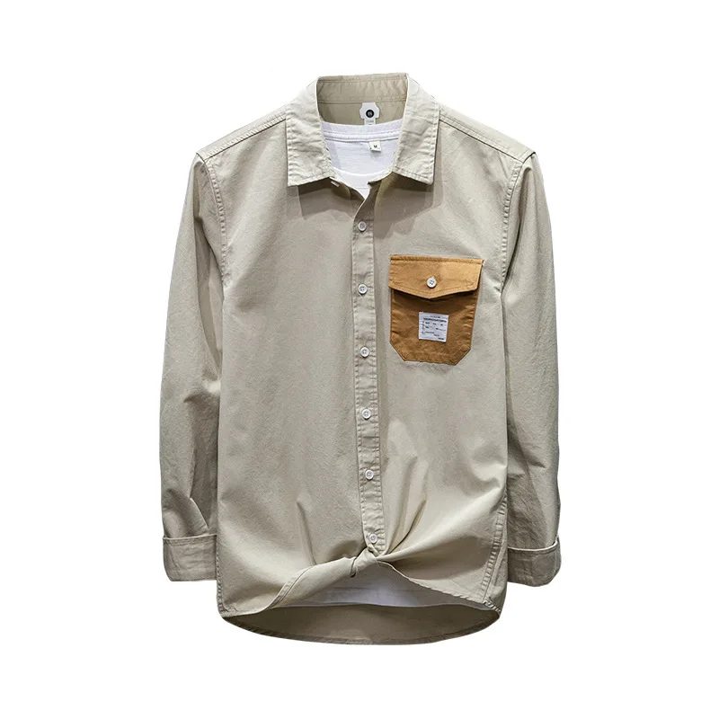 

Spring Autumn Fashion Men Loose Casual Pocket Patchwork Chic Shirt Japan Harajuku Simple Lapel Blouse Male Student Handsome Tops