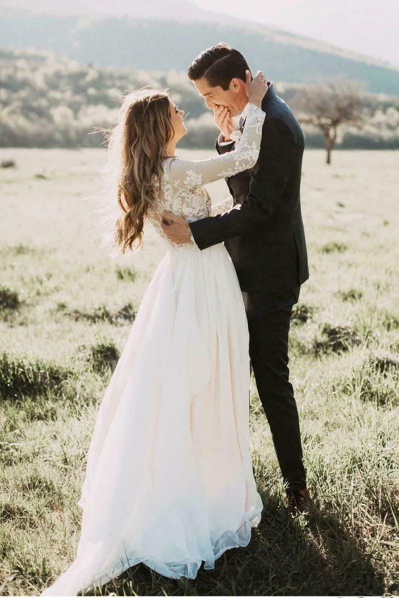 Свадебное платье с длинным рукавом простой тюлевый садовый наряд невесты