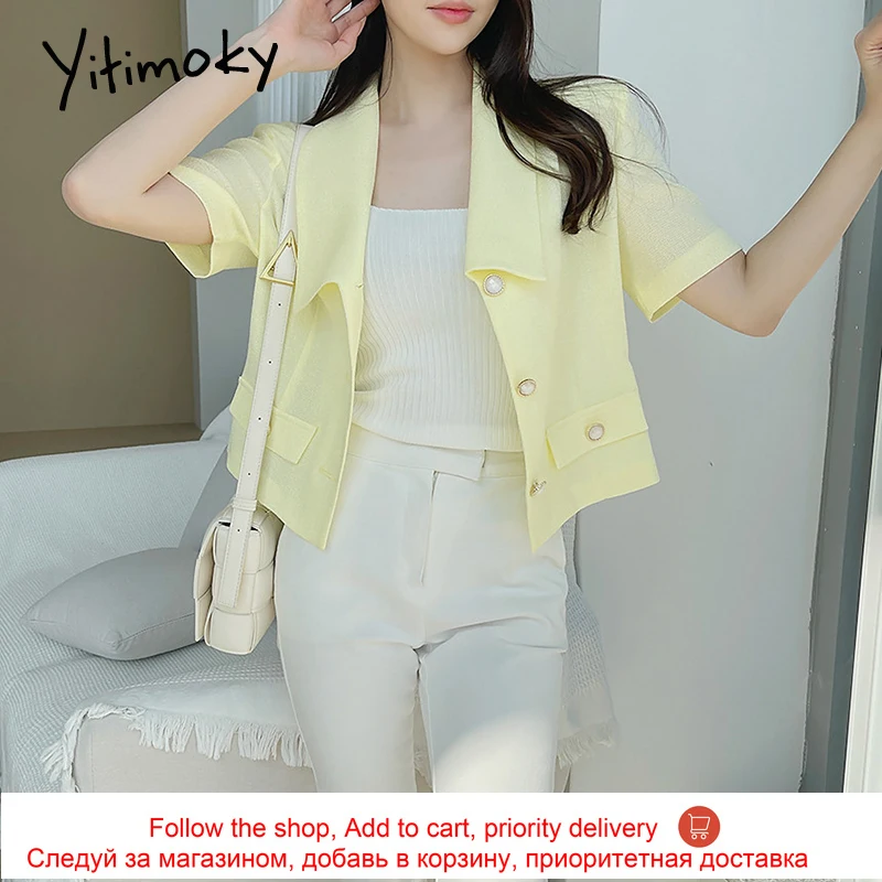 

Yitimoky Short Sleeve Casual Woman Jacket Turn-Down Collar Loose 2021 Summer Fashion New Single Breasted Simple Thin Blazers
