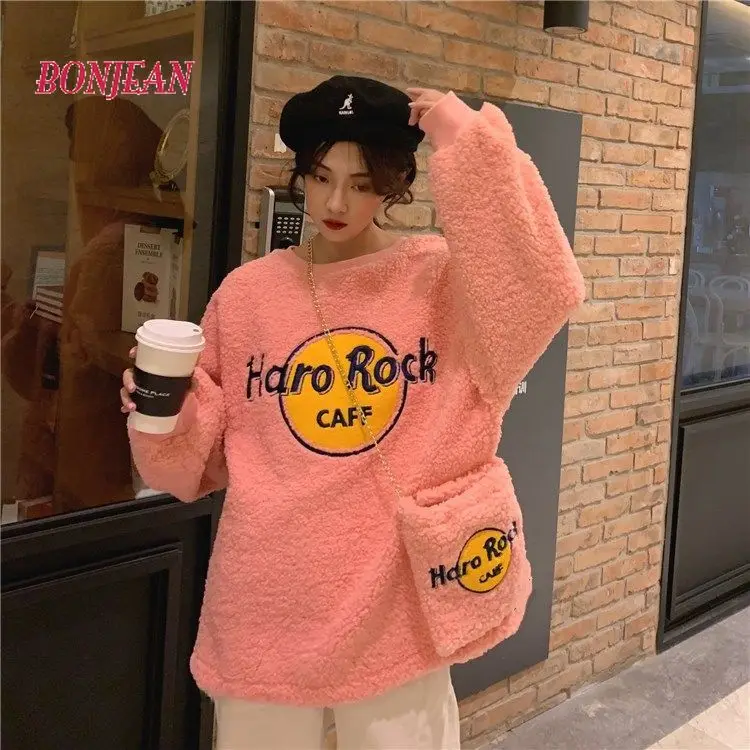 

Pink Women Hoodies Sweatershirt Korean Style Oversized Loose Faux Cashmere Causal Pullover Kawaii Cartoon Streetwear 2020