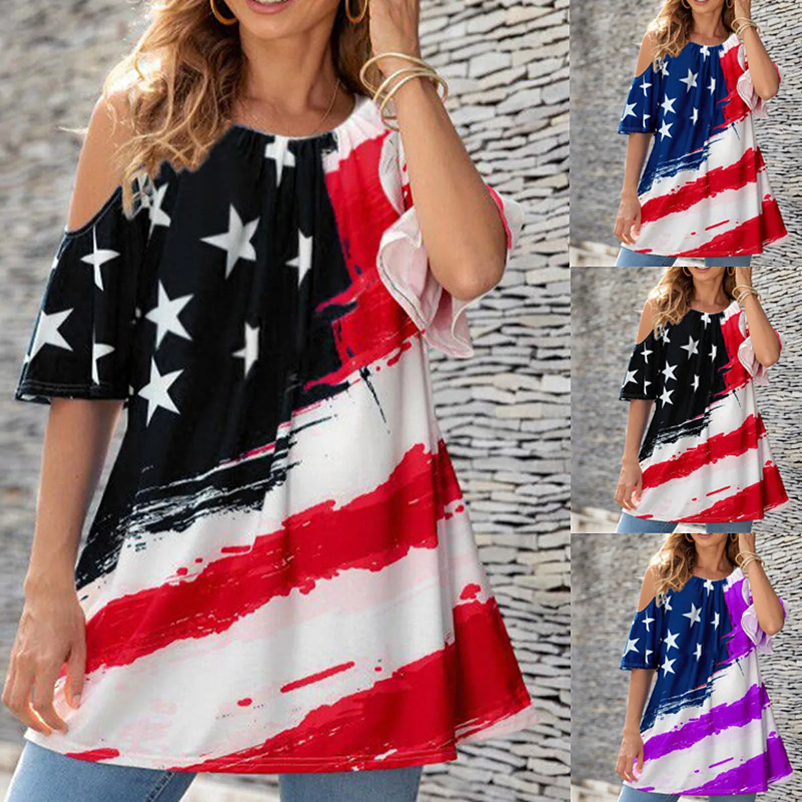 

2021 Summer New Sexy Fashion Women's Casual Wear Flag Printing Loose Lengthened Strapless Round Neck Top