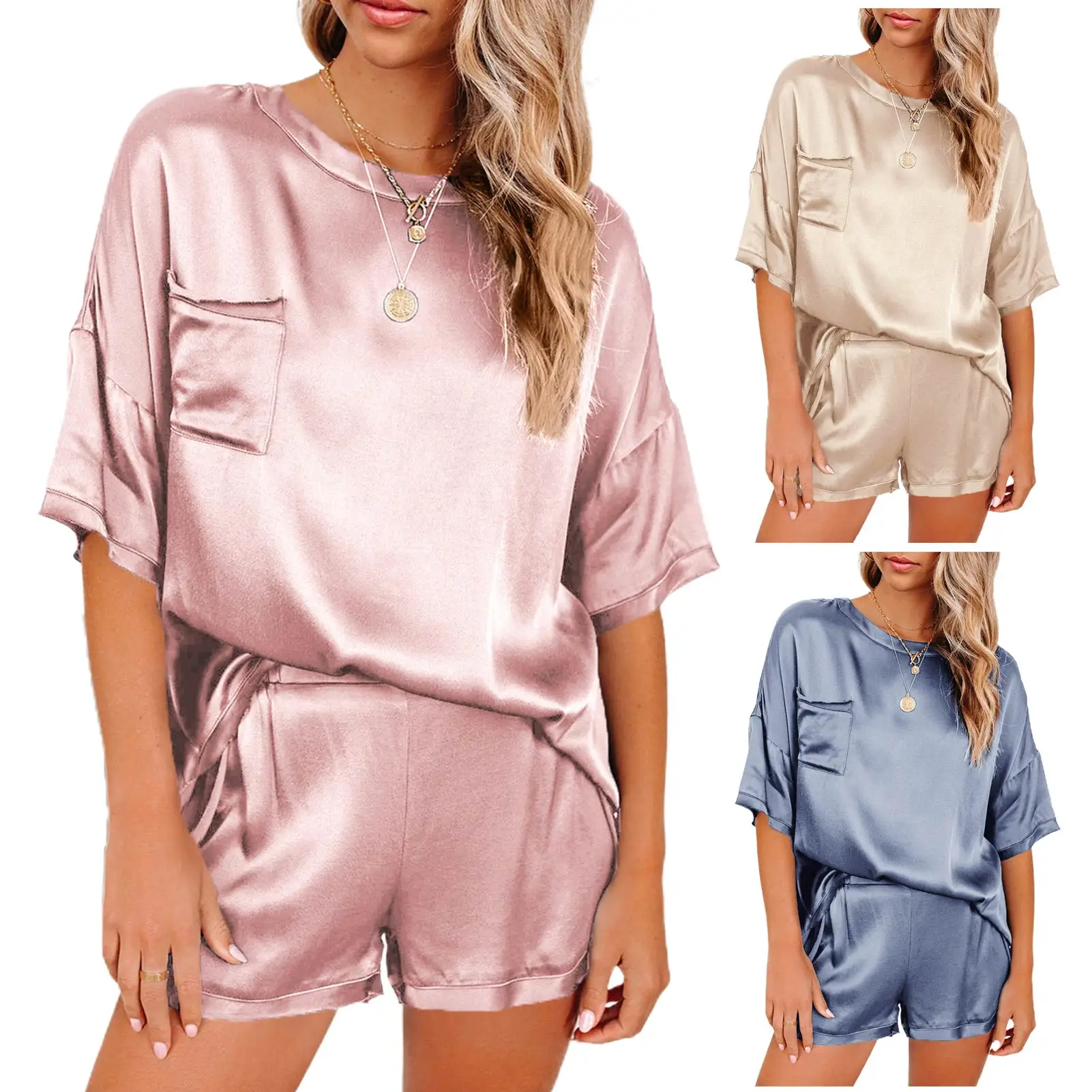 

Satin Sexy Pajamas Solid Color Pajamas With Pants Loose Spaghetti Strap Intimate Lingerie Sleepwear Women Pj Set Nightwear