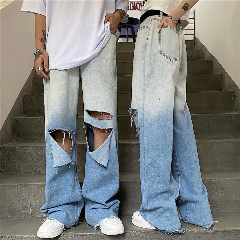 

Women's High Street Denim Trousers Summer Ins Gradient Ripped Jeans Straight Wide Leg Pants Loose and Thin Couple Bottoms New