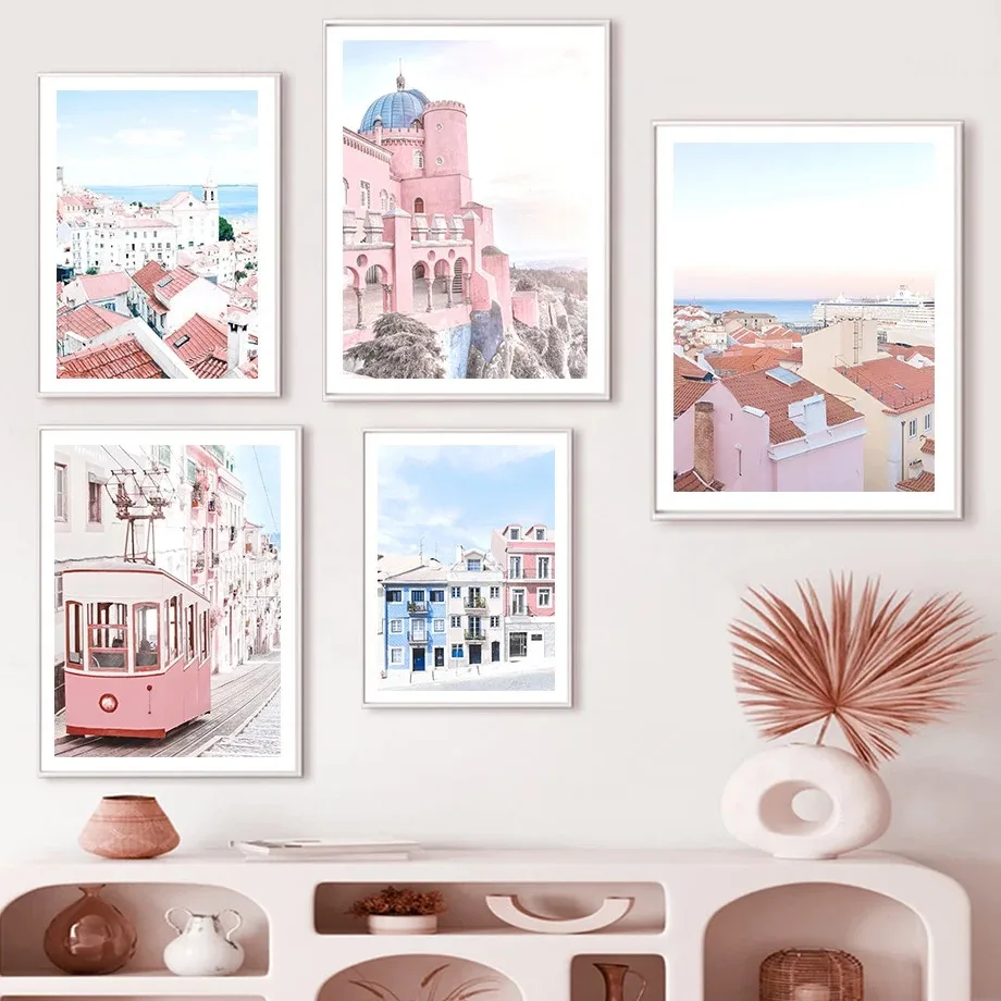 Картина на холсте Португалия Лиссабон замок автобус здание розовые фотографии