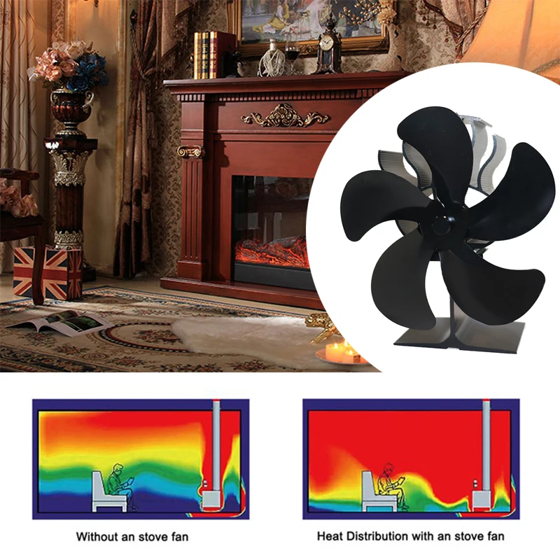 

Black Fireplace 5 Blades Heat Powered Stove Fan Eco Fireplace Fan Wood Burner Quiet Energy Saving Home Efficient Distribution