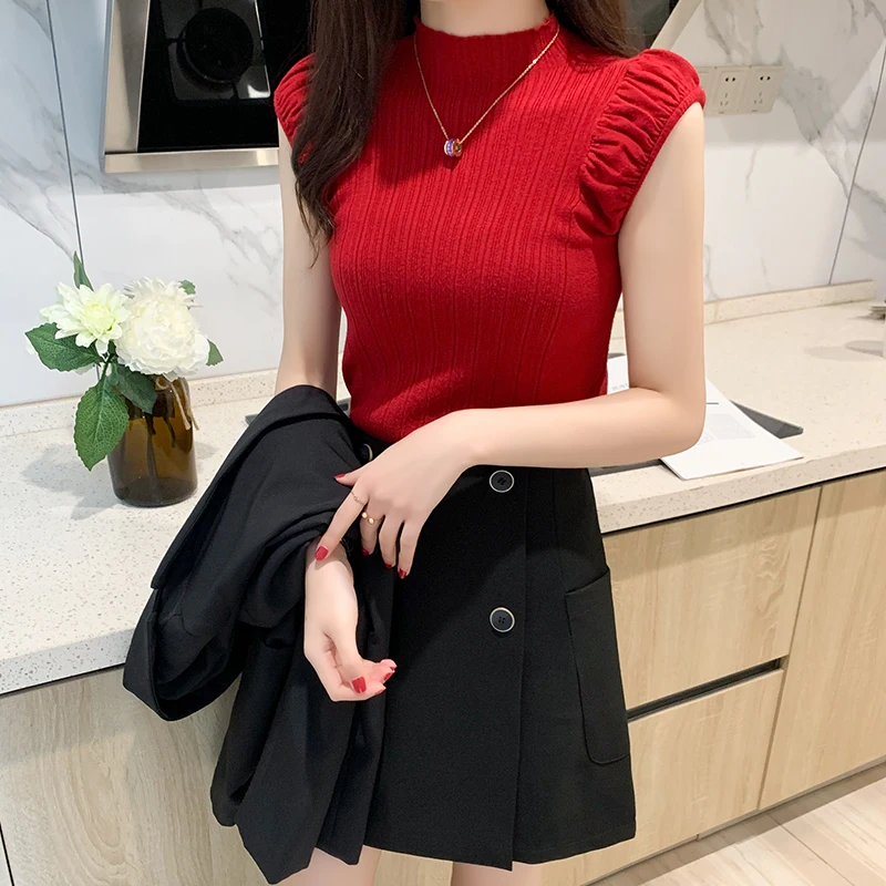 

Women Tank Tops Summer Knitted Turtleneck Tank Tops Ladies Sexy Slim Tops Female Puff Sleeve Casual Tops For Women Summer