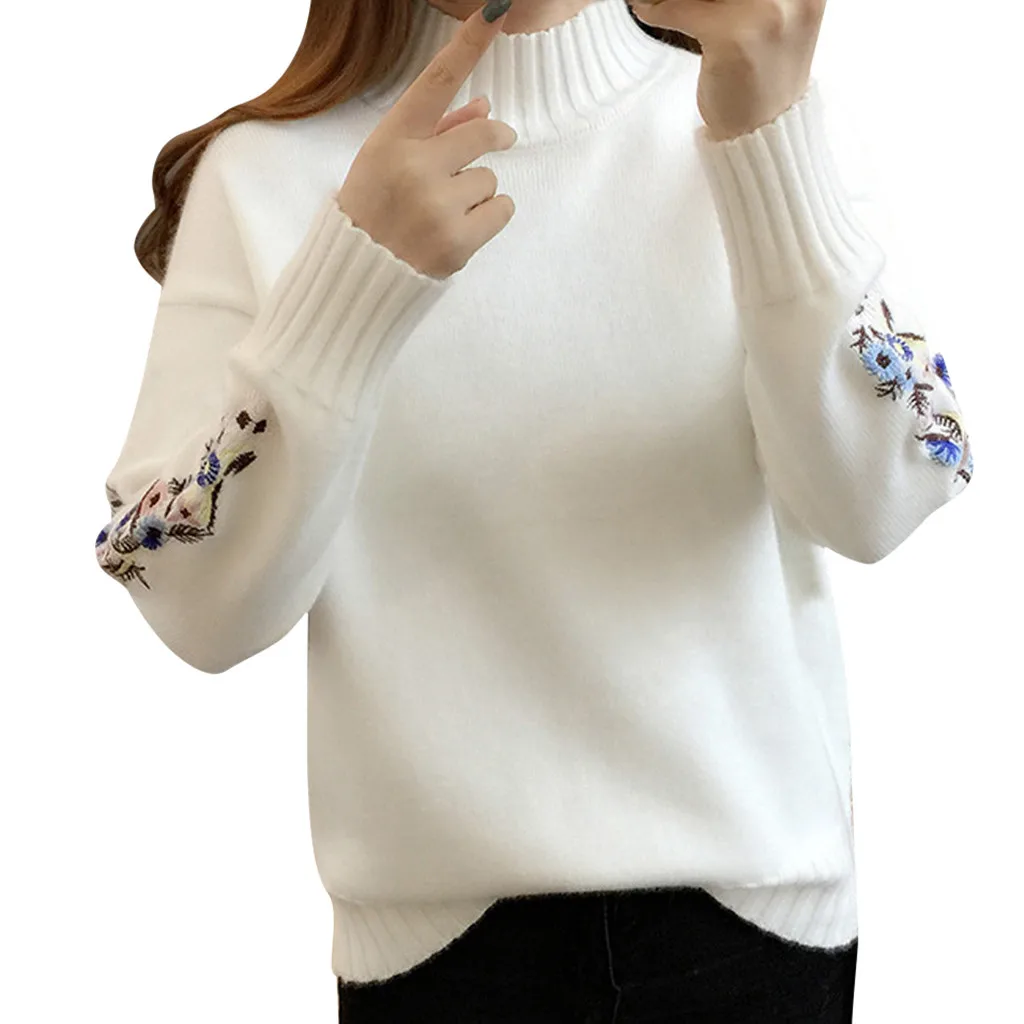 White New Loose Thick Warm Winter Pullover Sweater Women Embroidery Jumper Half Turtleneck Long Sleeve Knit Yellow Sweater Female - Color: White