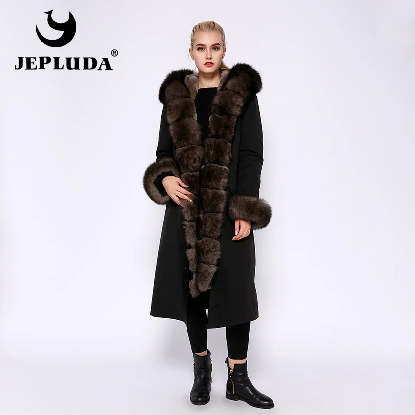 JEPLUDA парка женская с натуральным мехом лисой большой на капюшоном и манжетами меховой подкладкой кролика рекс полный толстый разъемный зимнее женское пальто с мехом съемный женская куртка из натурального меха лиса