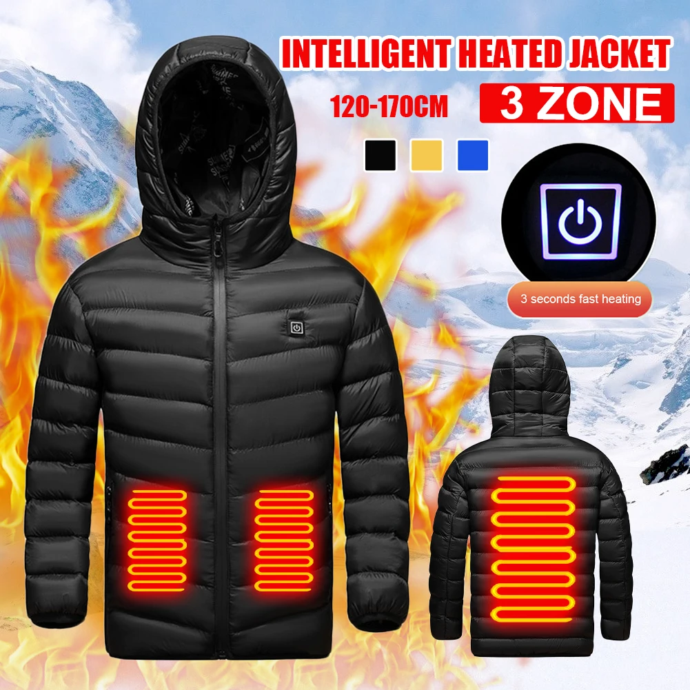 

6 Sizes Children's Heated Jacket USB Charging Electric Hooded Jacket with 3 Temperature Adjustment Winter Thermal Coat
