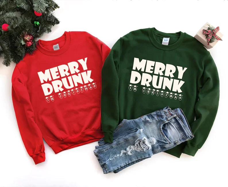 

Christmas Sweatshirt, Merry Drunk Funny Matching Unisex Streetwear goth 100% cotton Female Clothes y2k kawaii Drop shippingee