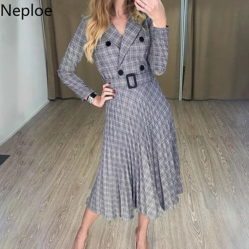 Neploe Осень зима новинка тонкий пояс плиссированное ТРАПЕЦИЕВИДНОЕ ПЛАТЬЕ