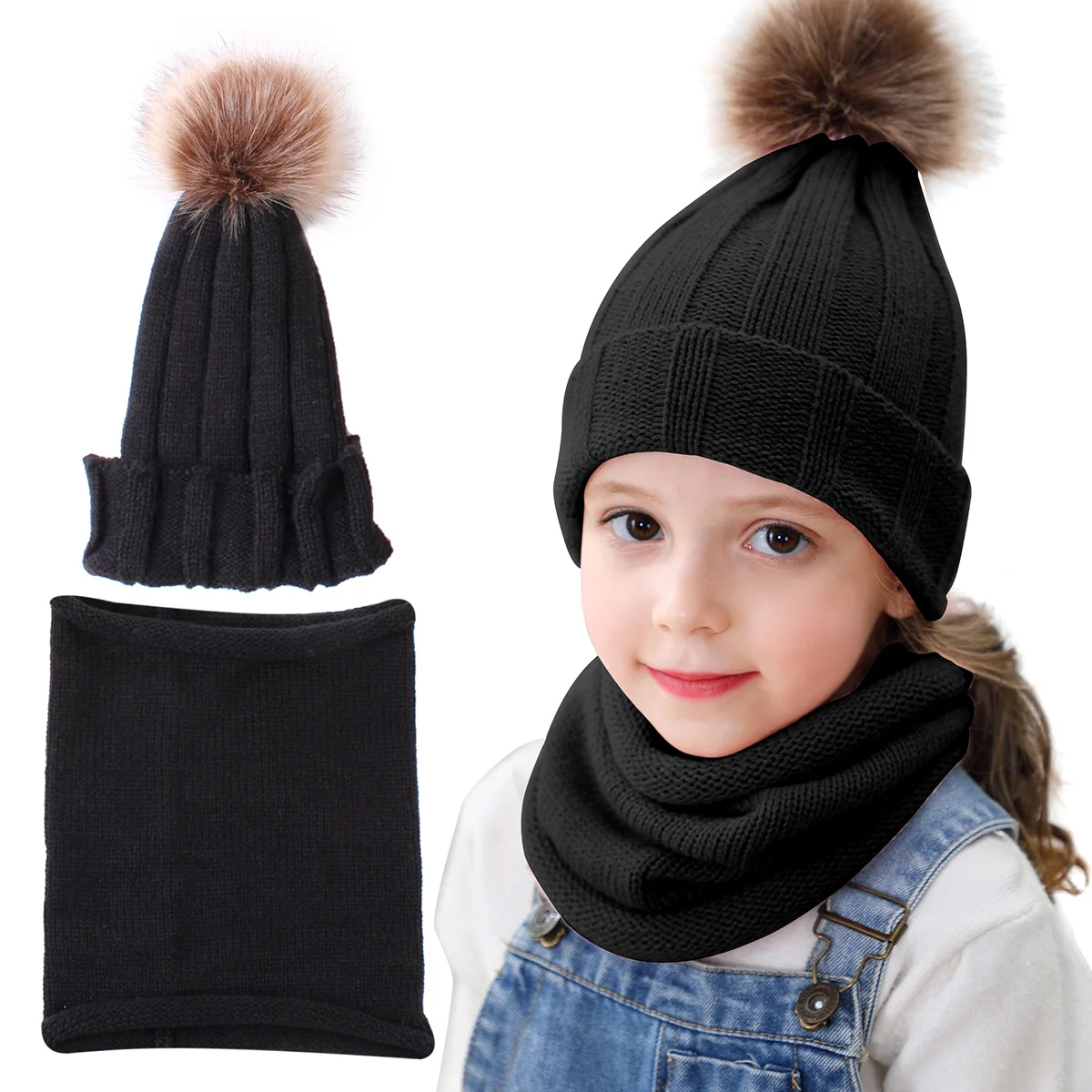 2pcs Kids Child Hat Circle Scarf Children Autumn Winter Pom Beanies Cap Ball Warm & Neck Warmer | Аксессуары для одежды