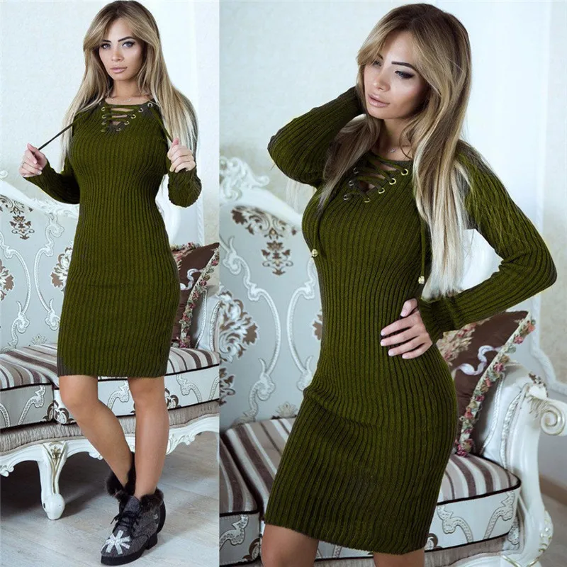 

2020 Women Long Sleeve Knit Bodycon Dress Autumn Sexy V-neck Casual Dress Fashion Elegent Solid Color Dress Vestidos