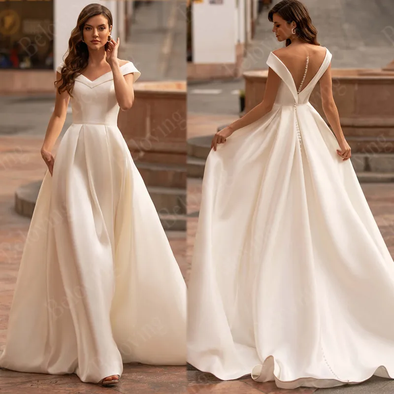 Button Back Satin Boho Bride Wedding Dresses Floor Length A-Line Dress With Train Bridal Gowns 2021 vestidos de novia | Свадьбы и