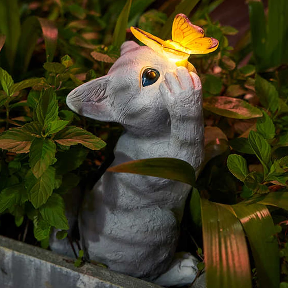 Garden Solar Butterfly Cat Light LED Outdoor Night Lamp Animal Sculpture Resin Animal Sculpture Ornaments for Patio Yard Lawn
