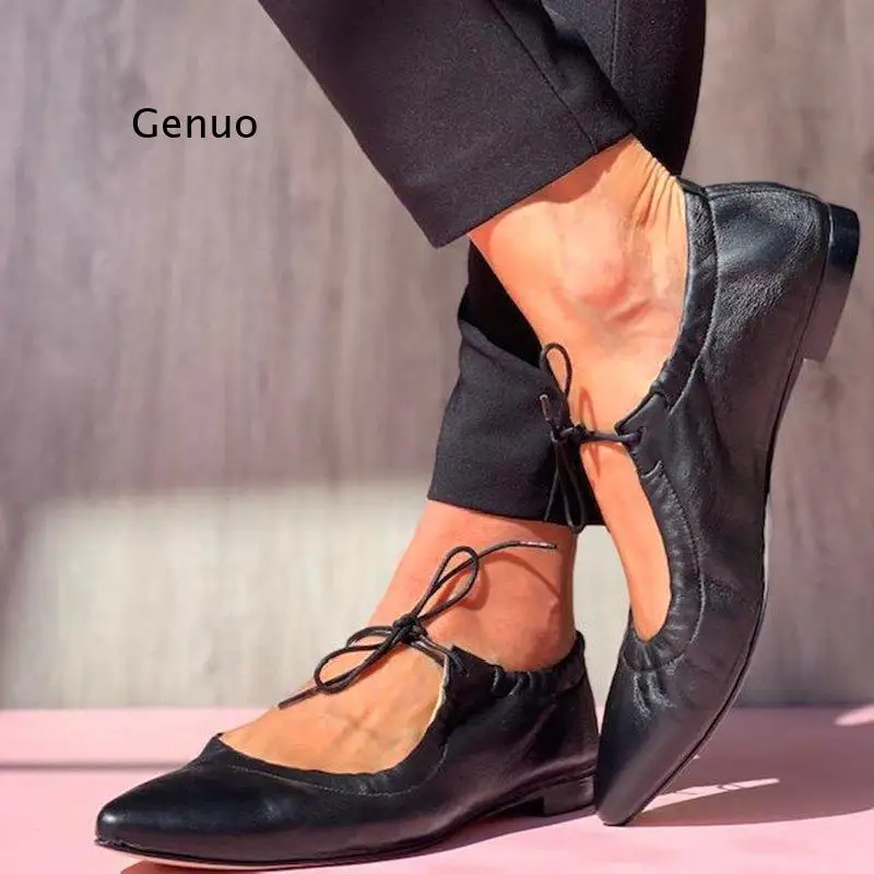 

New Women's Flat Shoes Women Fashion Low Heels Pointed Toe Female Leather Shoes 2021 Summer Casual Lace-Up Flats