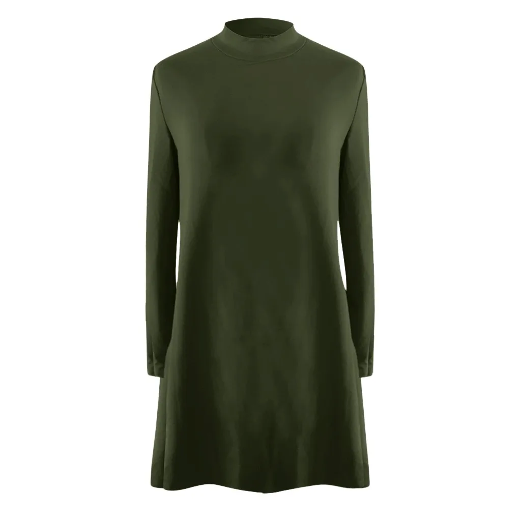 Для женщин платья с длинным рукавом Дамская обувь женские карман твердый платье