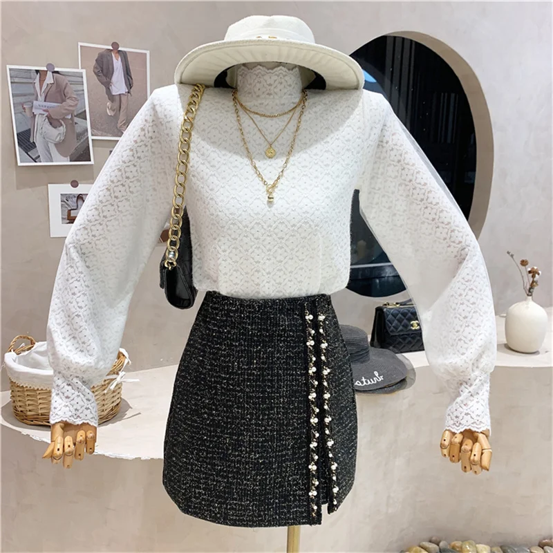 

Новинка, женская одежда, осень 2021, ретро кружевная нижняя рубашка с полувысоким воротником, темпераментный тонкий дизайнерский Топ