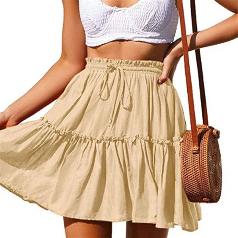 

Women Solid Ruffles A-Line Mini SKirt Female Lace Up Pleated Patchwork Short Skirts Ladies 2020 Summer Casual Fashion Skirt