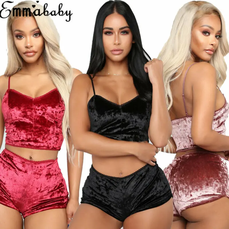 

Women Sexy Velvet Two-piece Lingerie Sleepwear strap v neck Lace Nightwear Pajamas Chemise set 6 colors