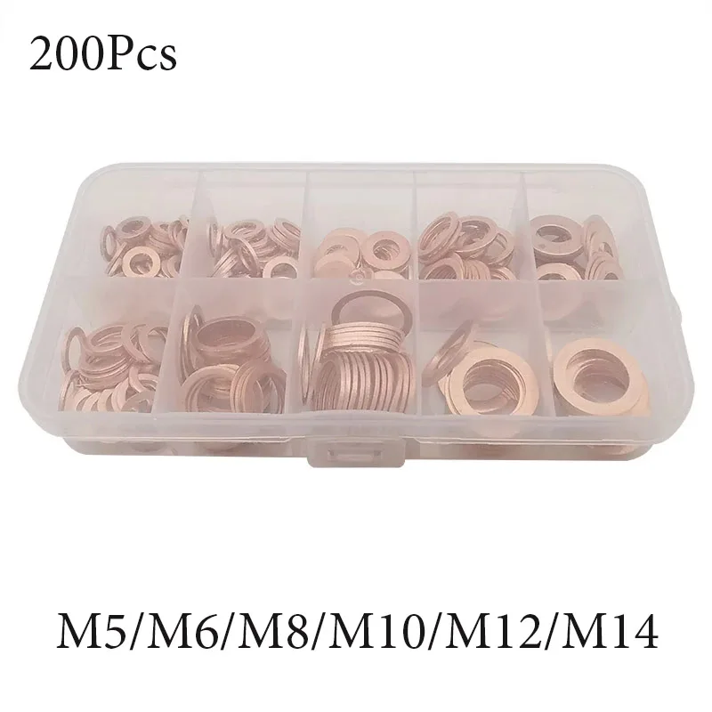 

200 шт./корт. 9 размеров, медное уплотнительное кольцо, шайба стандартного размера M5 M6 M8 M10 M12 M14 для штепсельных вилок