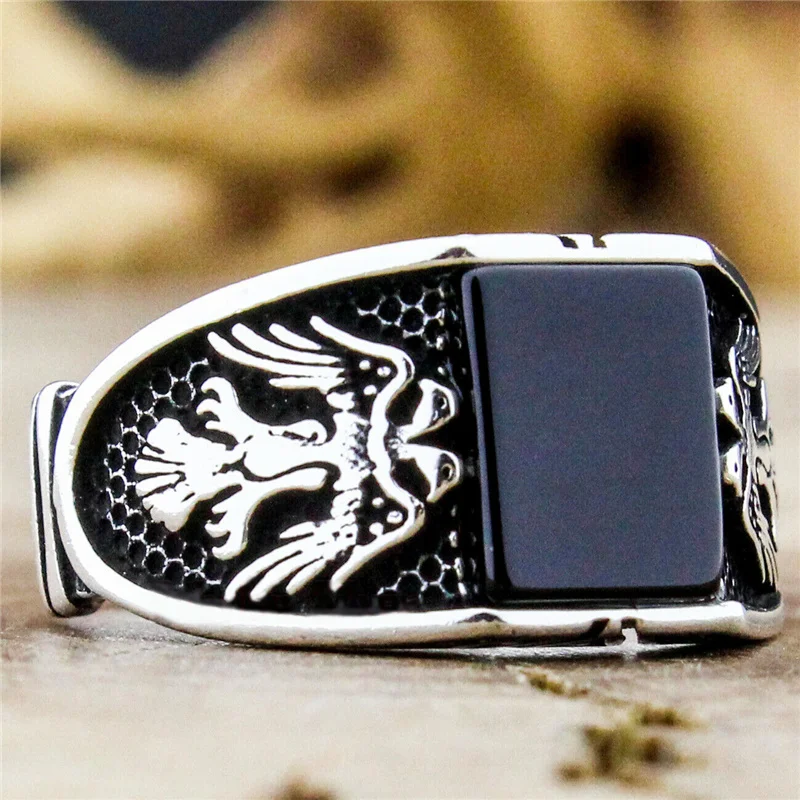 

Punk Double Head Eagle Black Square Cubic Crystal Natural Finger Ring for Men Party Causal Holiday Fashion Jewelry