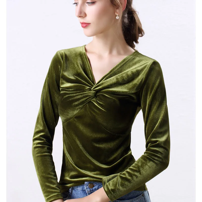 Autumn Woman Bottom Shirt Velvet Retro V-neck 2020 New Slim Long Sleeve Womans Shirts Bottoming Red Black Green | Женская одежда