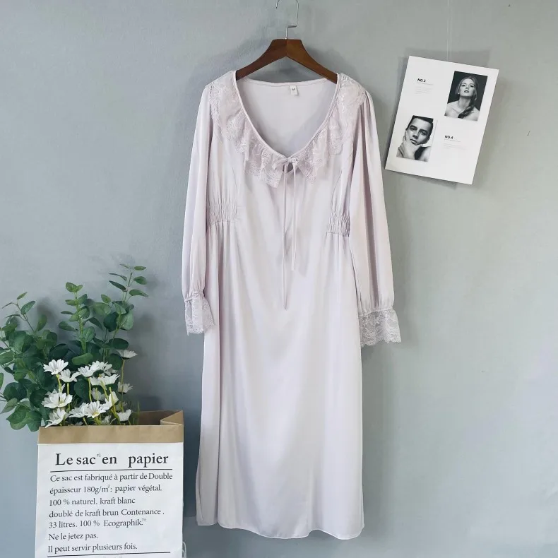

Women Satin Nightdress Lace Patchwork Nightgown Long Sleeve Sleepwear Full Slip Sleep Set Female Night Dress Casual Loungewear