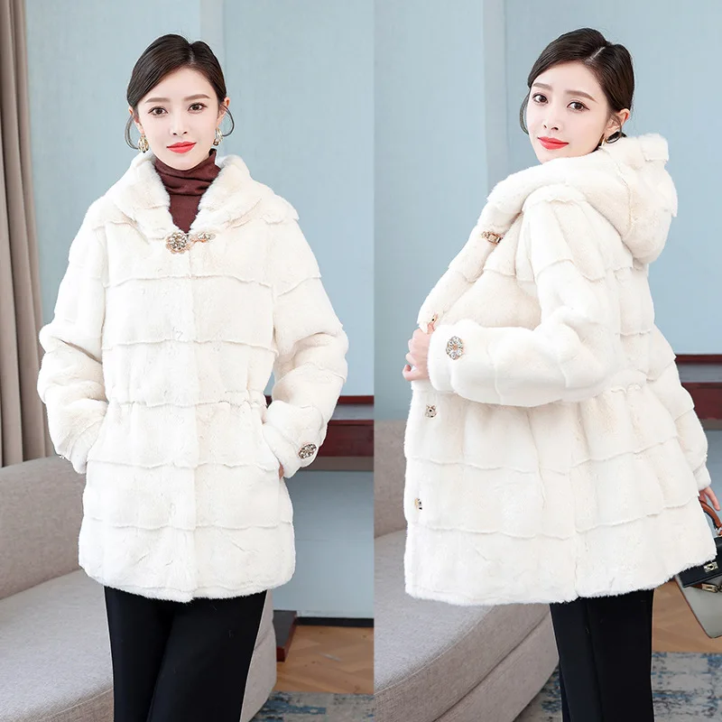 Fur Coat Women Winter Coats and Jackets 2021 The New Keep Warm Fashion Hooded Thin Waist Rope Rhinestone Buckle