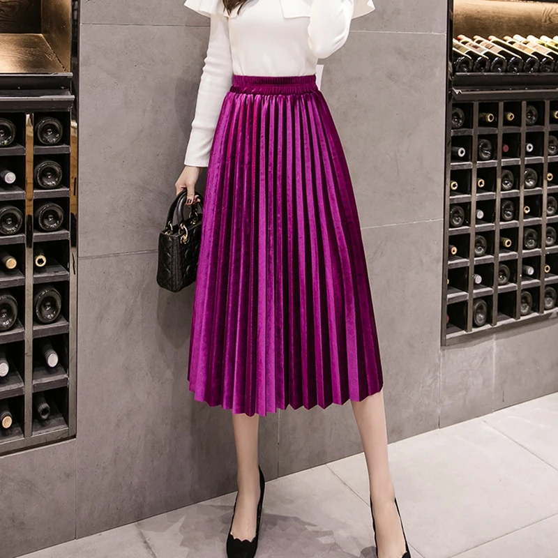 Юбка-миди плиссированная бархатная с высокой талией на осень/зиму | Женская