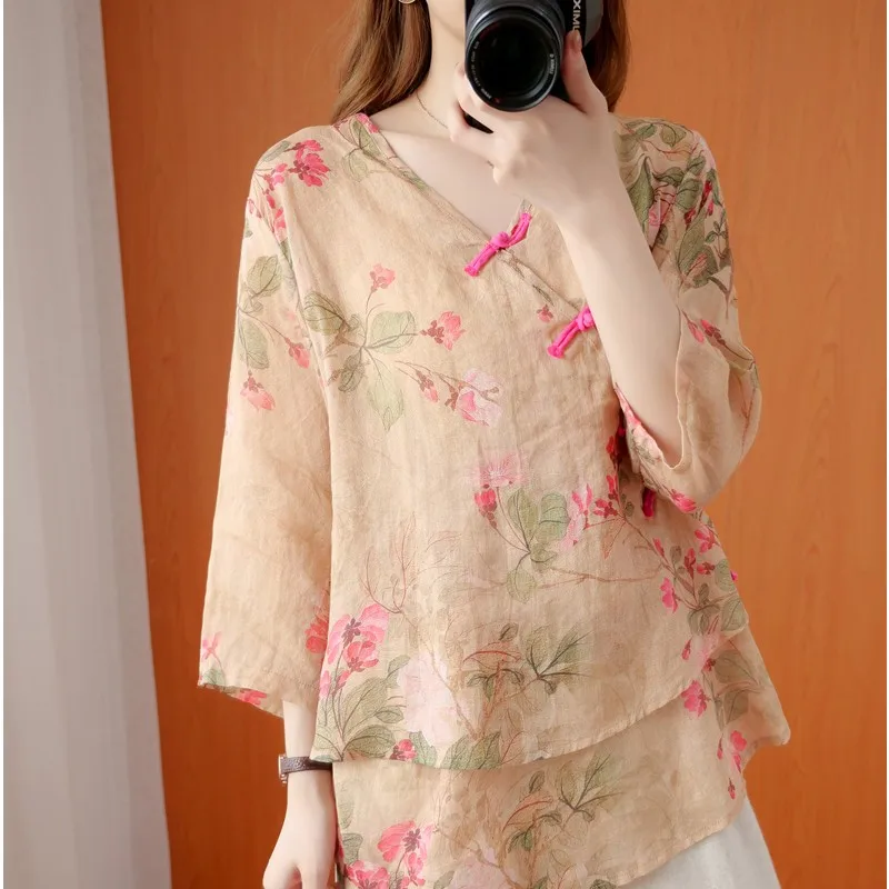 

2021 Female Floral Printed Chinese Top Daily Casual Blouse National Chinese Style Hanfu Tops for Women Cotton Linen Thin Blouse