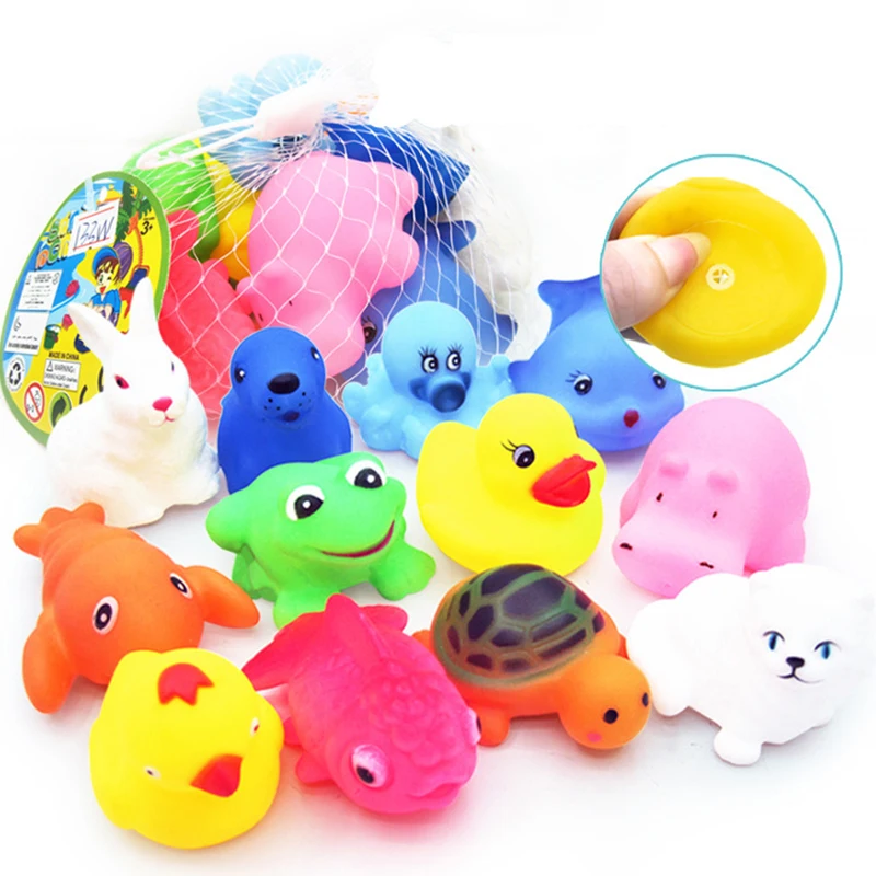 

12pcs Cute Animals Bath Toys Swimming Water Colorful Soft Rubber Float Squeeze Sound Squeaky Bathing Toy For Baby Kids Gifts