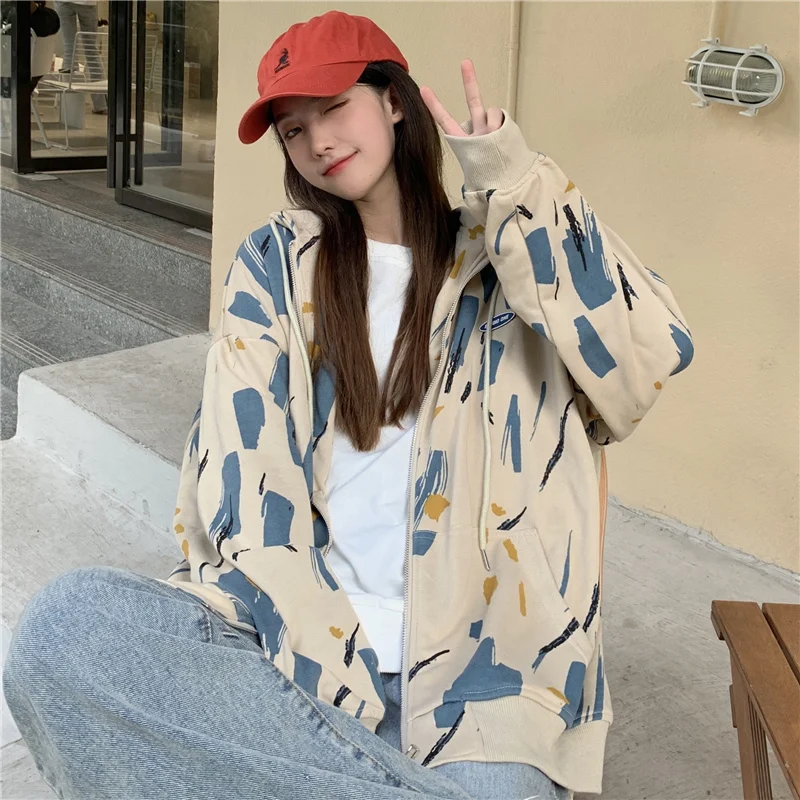 

Trendy Hiphop Sweater Women's Spring and Autumn Loose Trendy Style Thin Zipper Coat
