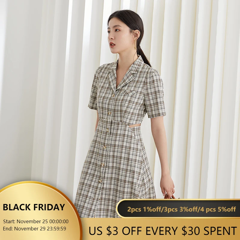 

FANSILANEN Office Lady Blazer Collar Black With White Plaid Dress 2021 New Women Summer High Waist A-line Casual Dress