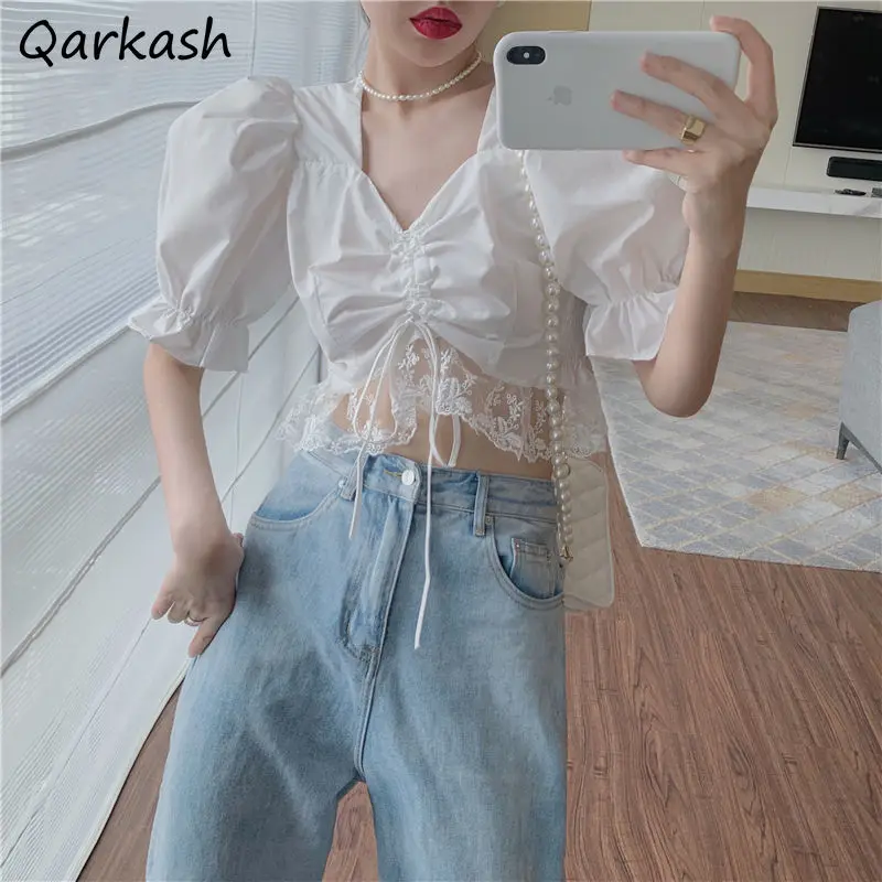 

Женская блузка с пышными рукавами, однотонная женская блузка с квадратным вырезом, милые популярные Короткие топы принцессы