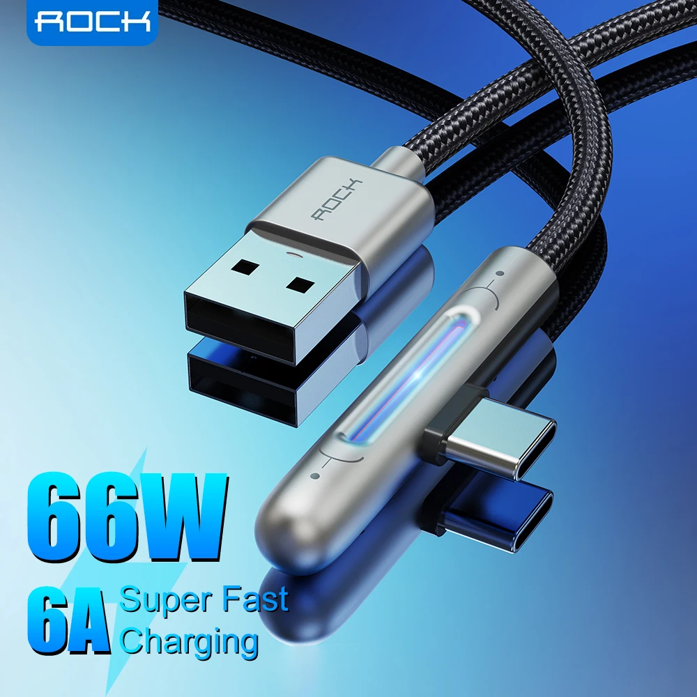 Кабель ROCK USB Type-C для Samsung Xiaomi Mi из цинкового сплава угол 90 градусов 6 А светящийся