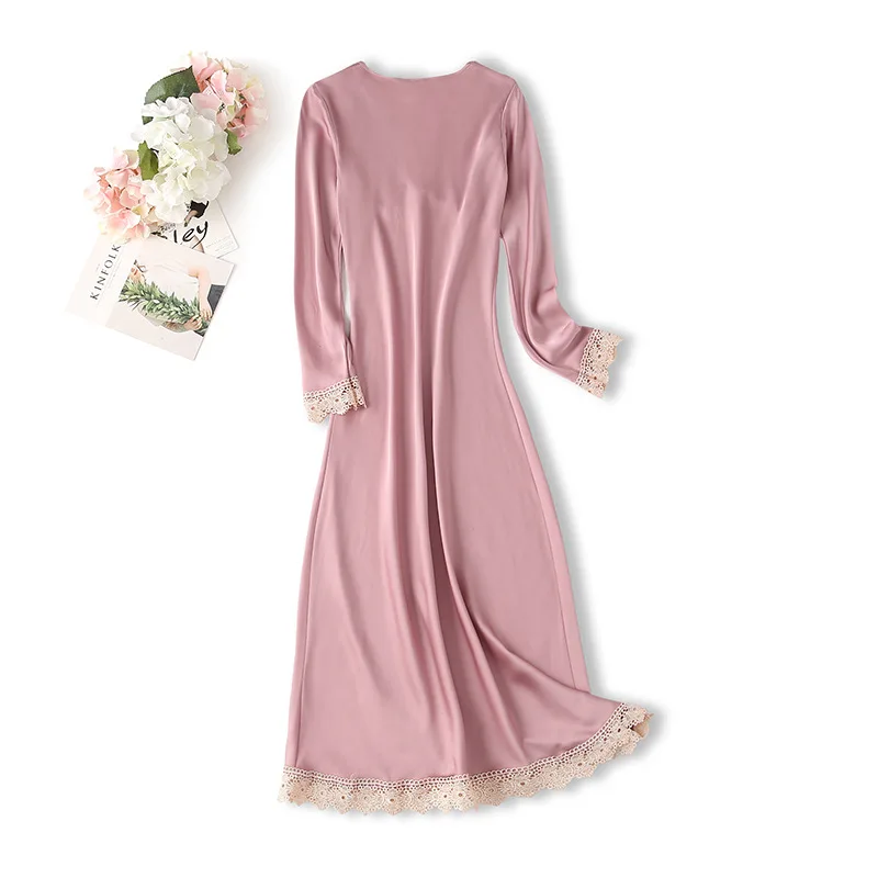 

Satin Sleep Dress Women Long Nightgown Lace Patchwork Sleepwear Nightdress Casual Home Dressing Gown Summer New Lingerie
