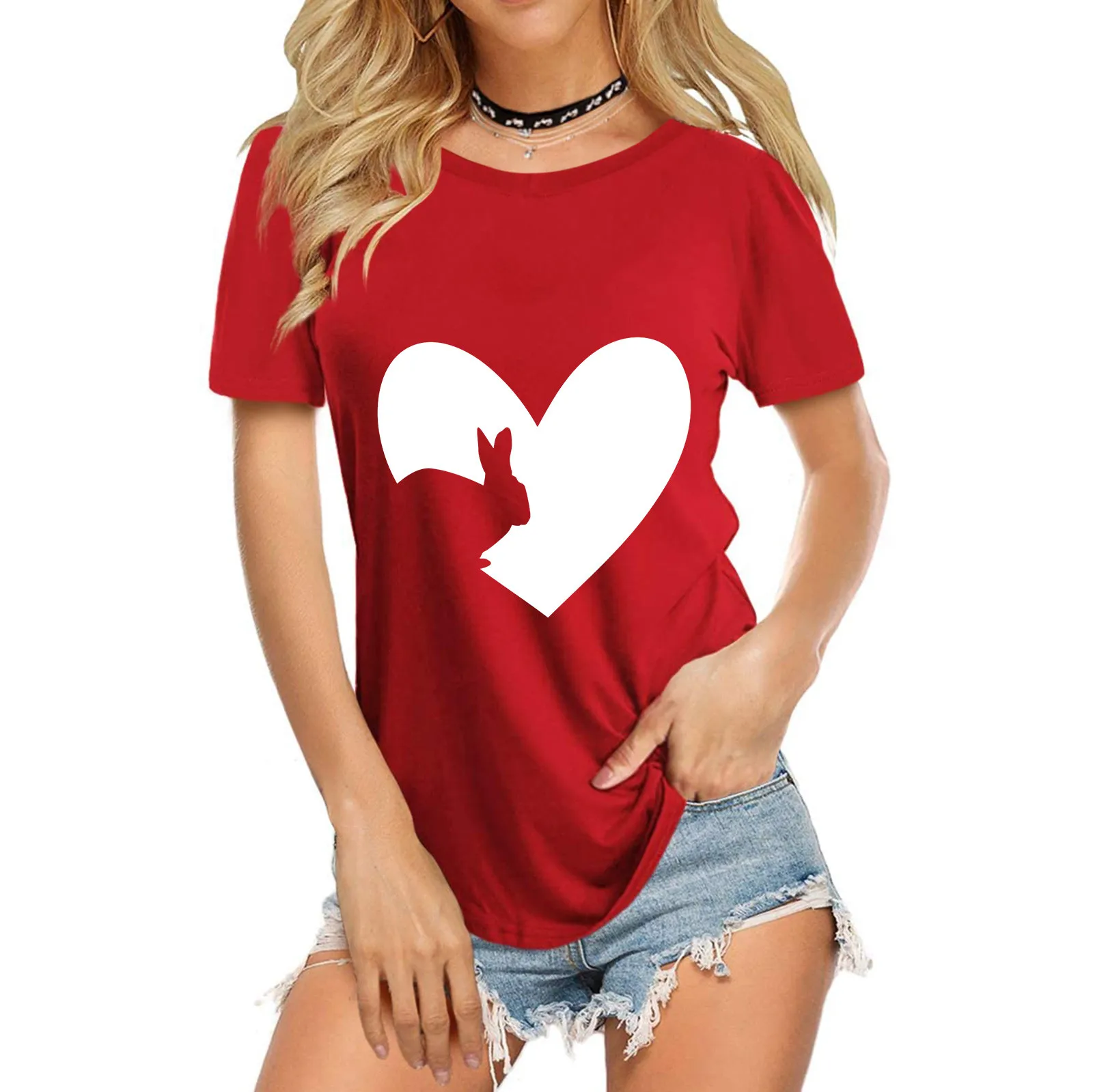 

T-shirt Women Heart Print Tee Top Short Sleeve T-Shirts Streetwear Fashion Clothes Casual Graphic Tshrit Female Summer Tees Tops
