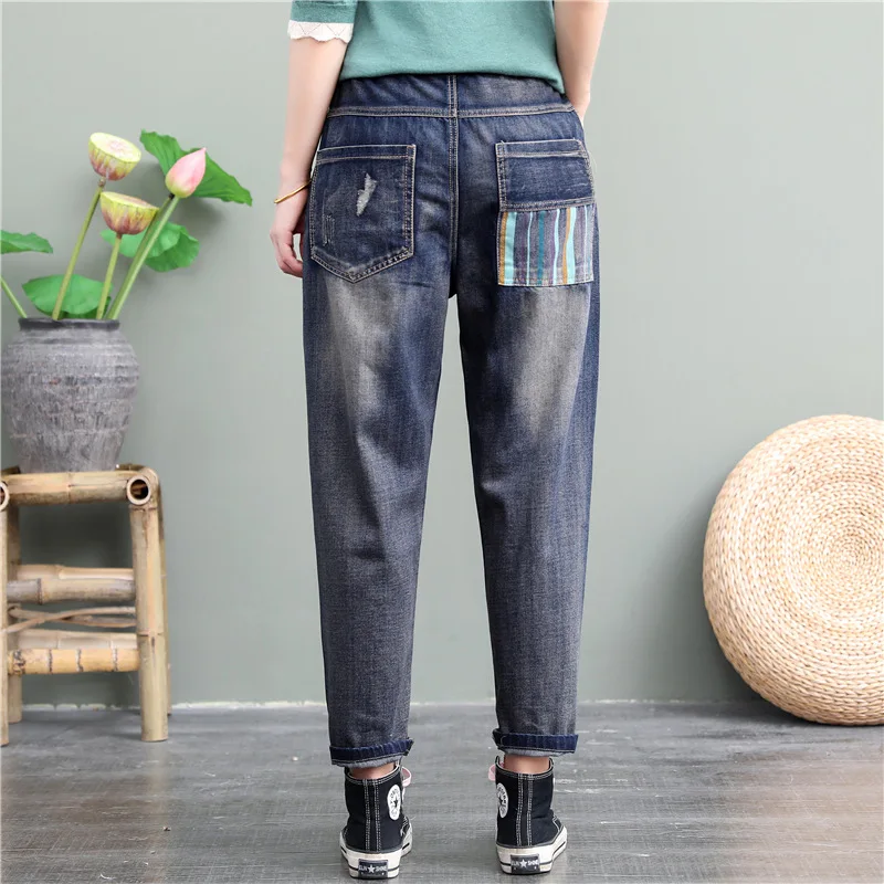 

Women Vintage High Waist Loose Denim Pants 2021 Spring New Female Washed Patchwork Harem Casual Jeans Pants