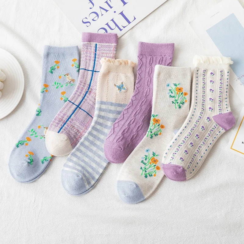 

Socks Women's Striped Plaid Cotton Socks Ladies Japanese Small Flower Bubble Mouth Tube Socks stocking women woman socks