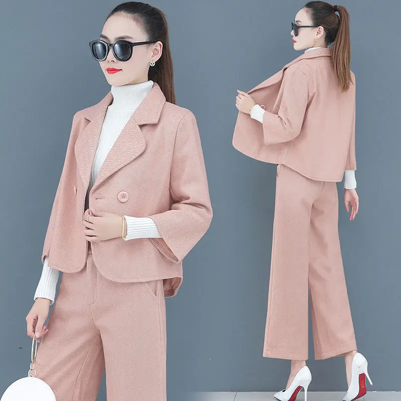 

High Quality Autumn Women's Pant Suit Woolen Cloth New Style High-end Loose Versatile Drape Wide-leg Pants Sets