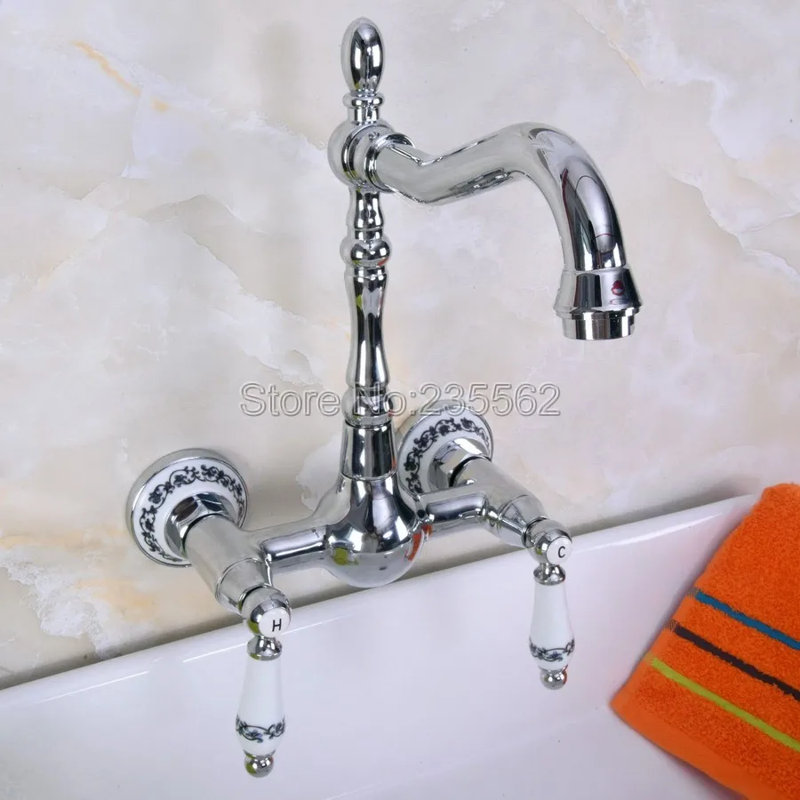 

Polished Chrome Wall Mounted Swivel Spout Bathroom Sink Faucet Double Handle Mixer Tap Wall Mounted Lnf963