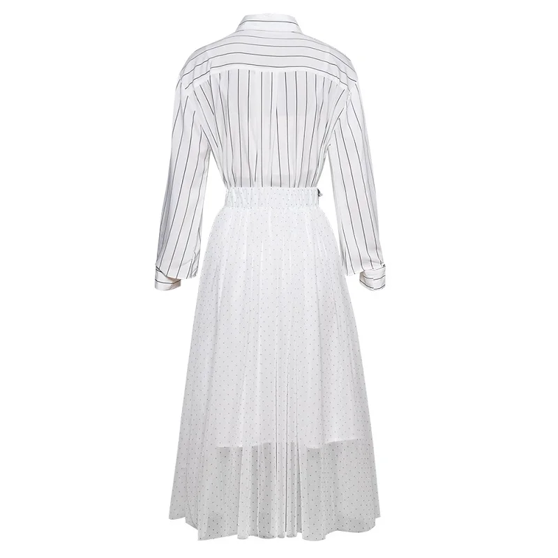 

Top Grade Designer Clothing Sets 2020 Spring Summer Suit Women Long Sleeve Striped Shirt+Sequined Beading A-Line Skirt 2pc