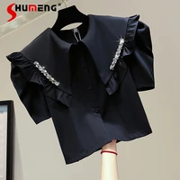 2021 summer high waist short sleeve solid ladies shirt women korean style doll collar blusas diamond embedded puff sleeve top