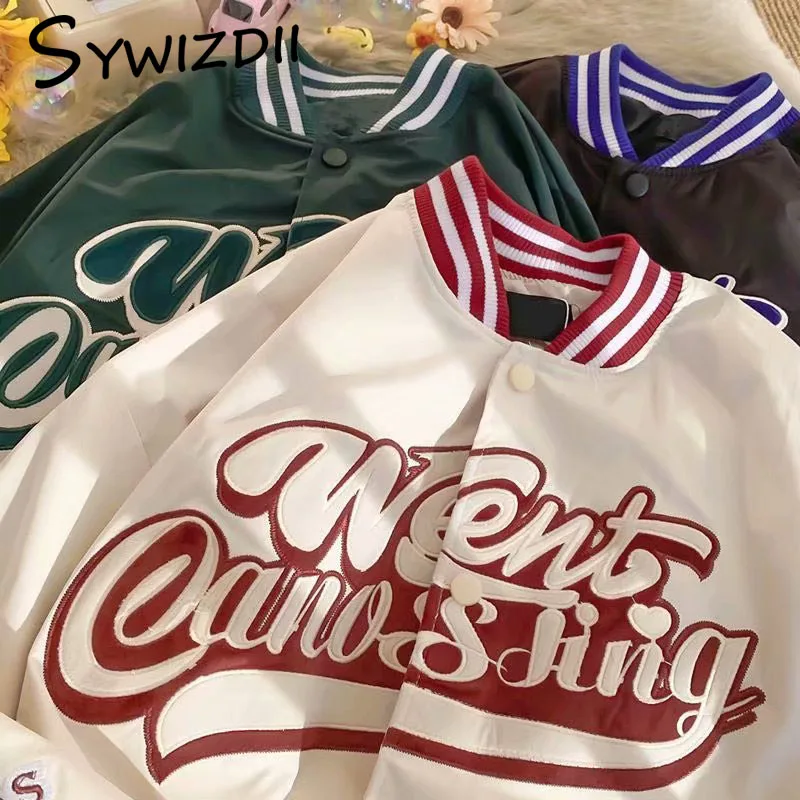 

SYWIZDII Letter Embroidery Couples Jacket Autumn American Retro Bomber Coat Street Loose Wild Woman Baseball Uniform Y2k Tops